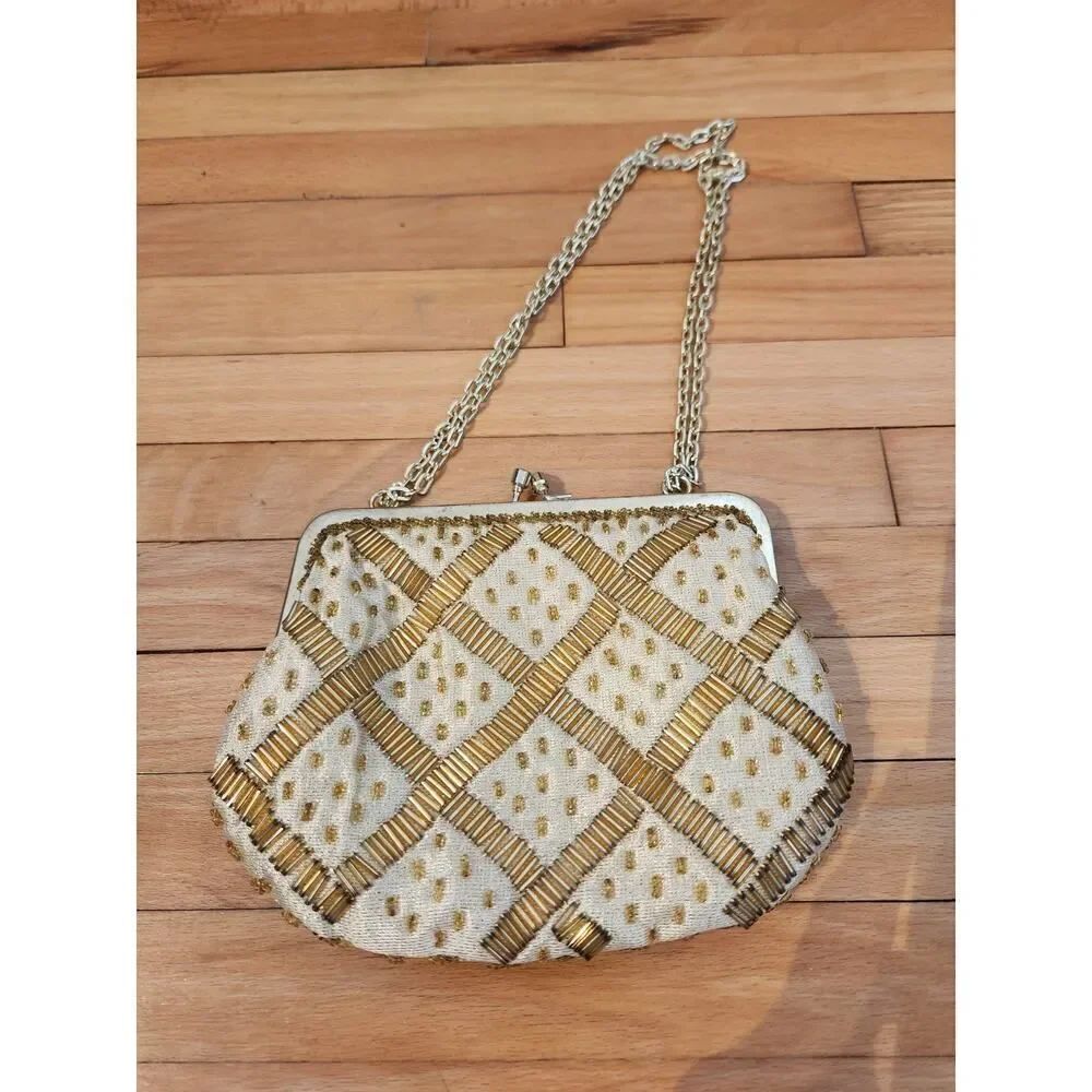 Vintage Fine Arts Bag Co. New York Gold Cream Beaded Purse Bag Chain Hong Kong